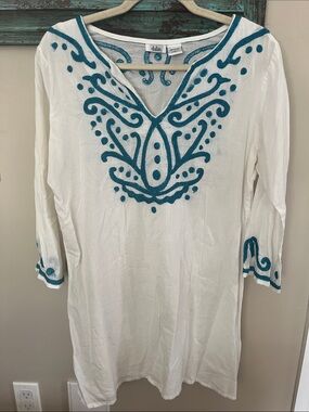 Dalin White & Teal Embroidered Swim Coverup